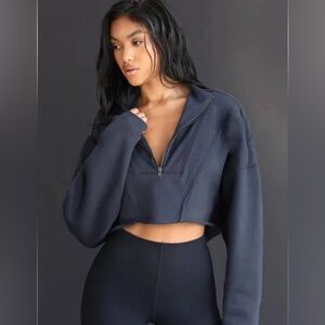 Joah Brown Half Zip Crop Pullover in Washed Navy